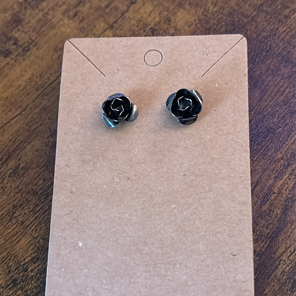 Black Rose Stud Earrings - Women's Floral Ear Studs